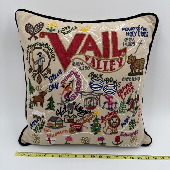 Catstudio Vail Valley Hand Embroidered Pillow Ski Resort Mountain Cabin Gift - Picture 2 of 9